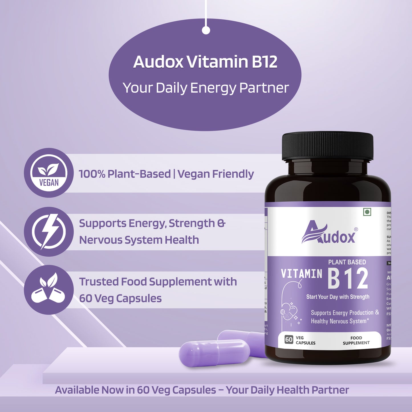 Audox Plant-Based Vitamin B12 – Energy, Brain & Immunity Support (60 Veg Capsules)
