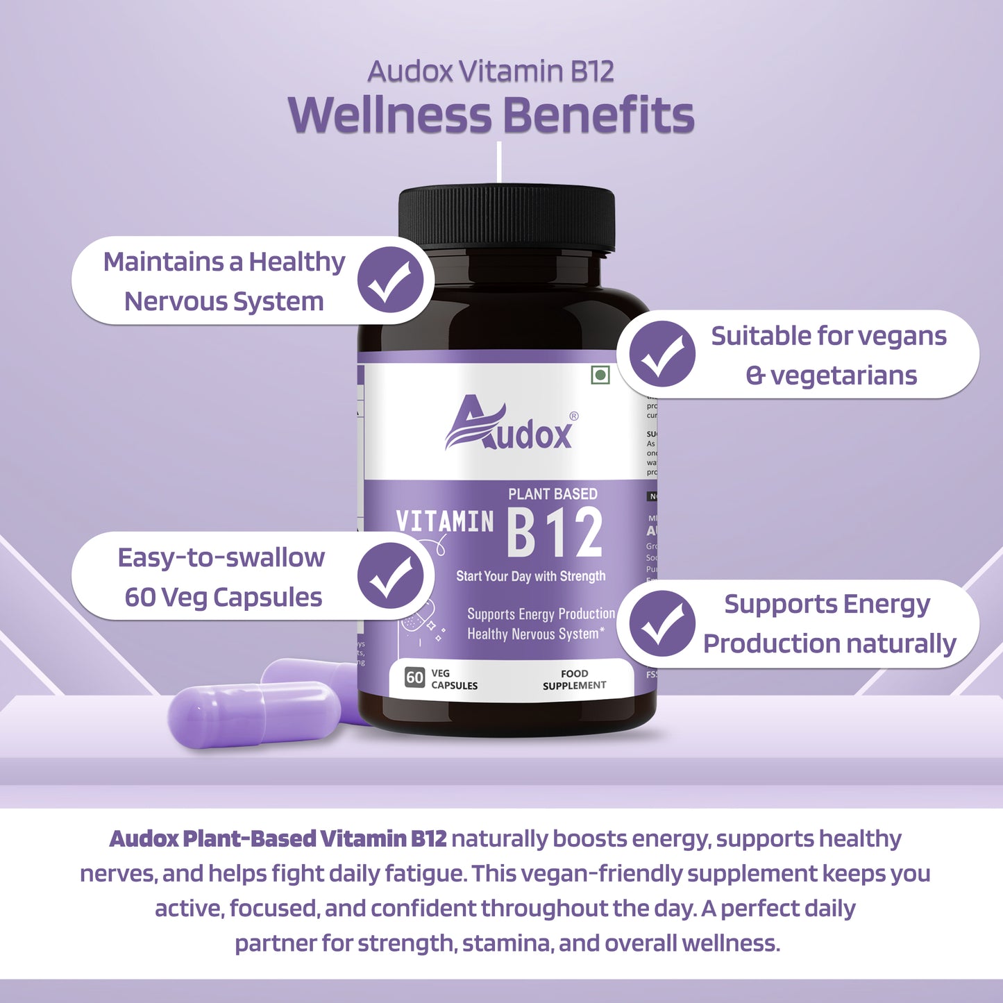 Audox Plant-Based Vitamin B12 – Energy, Brain & Immunity Support (60 Veg Capsules)