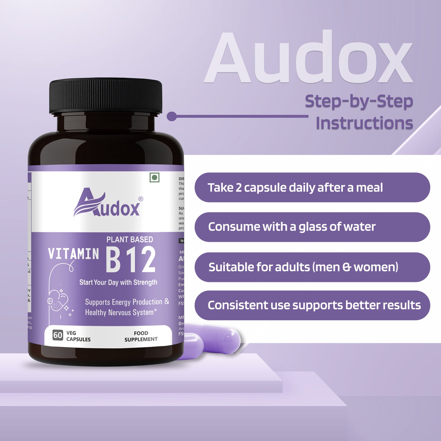 Audox Plant-Based Vitamin B12 – Energy, Brain & Immunity Support (60 Veg Capsules)