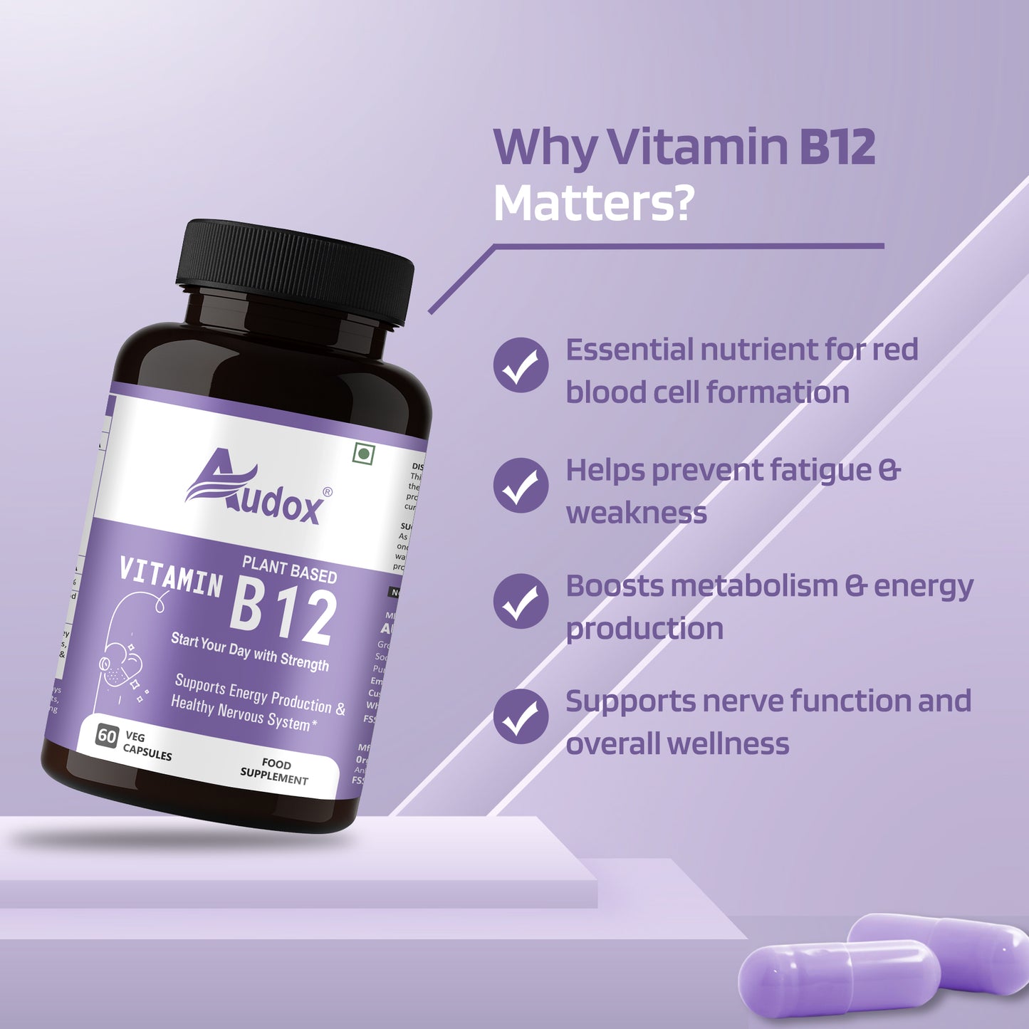 Audox Plant-Based Vitamin B12 – Energy, Brain & Immunity Support (60 Veg Capsules)