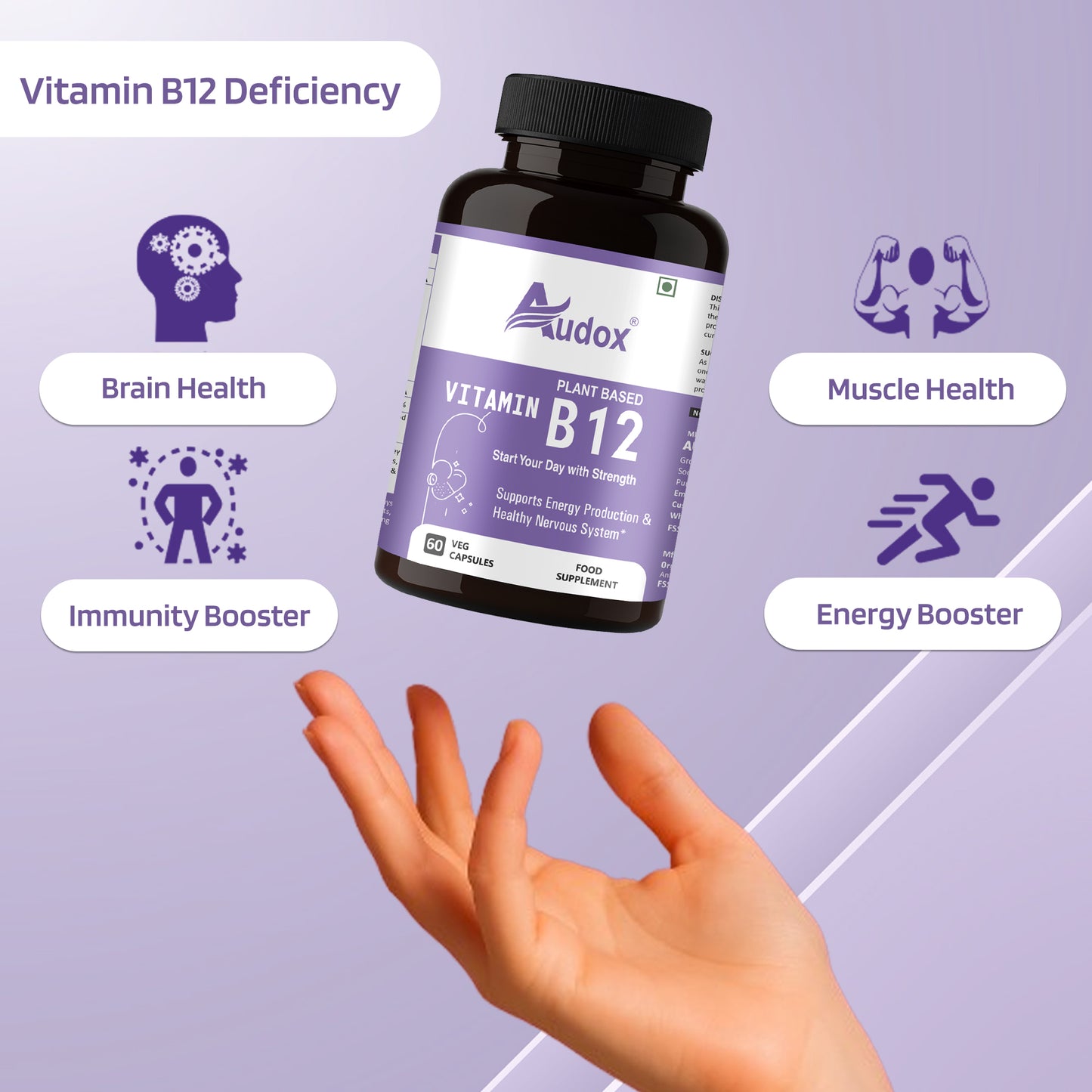 Audox Plant-Based Vitamin B12 – Energy, Brain & Immunity Support (60 Veg Capsules)