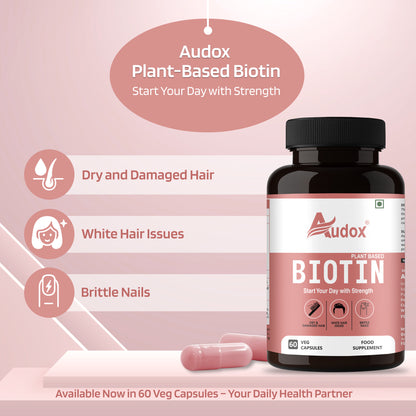 Audox Plant-Based Biotin – Healthy Hair, Stronger Nails & Radiant Skin | 60 Veg Capsules