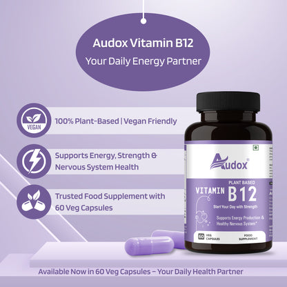 Audox Plant-Based Vitamin B12 – Energy, Brain & Immunity Support (60 Veg Capsules)