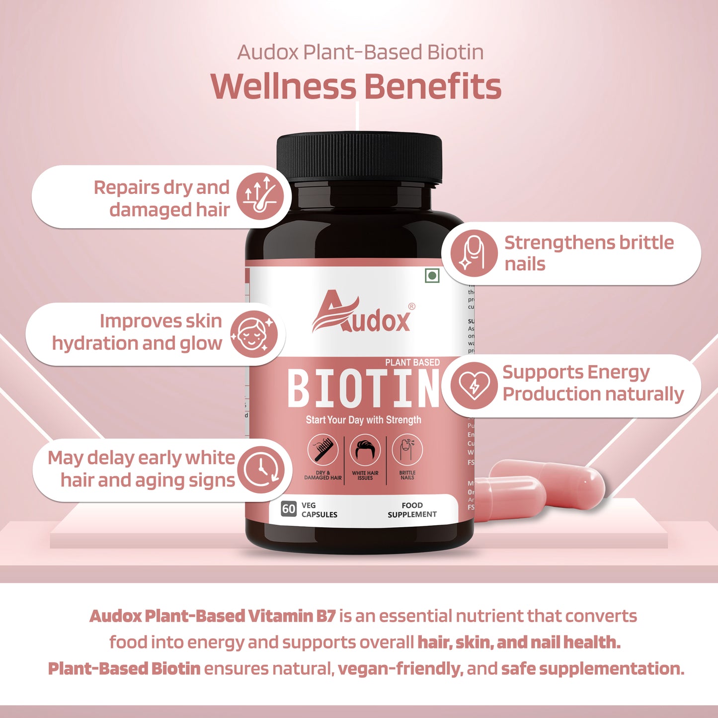 Audox Plant-Based Biotin – Healthy Hair, Stronger Nails & Radiant Skin | 60 Veg Capsules