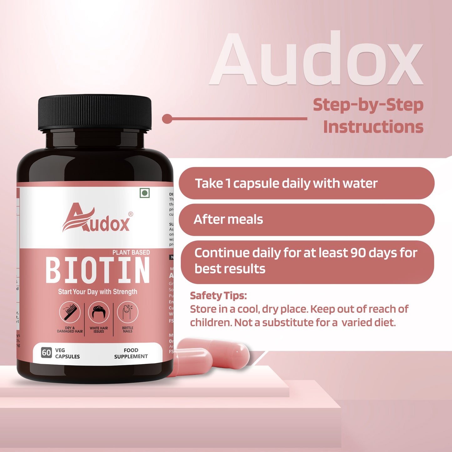 Audox Plant-Based Biotin – Healthy Hair, Stronger Nails & Radiant Skin | 60 Veg Capsules