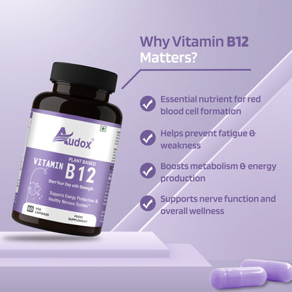 Audox Plant-Based Vitamin B12 – Energy, Brain & Immunity Support (60 Veg Capsules)